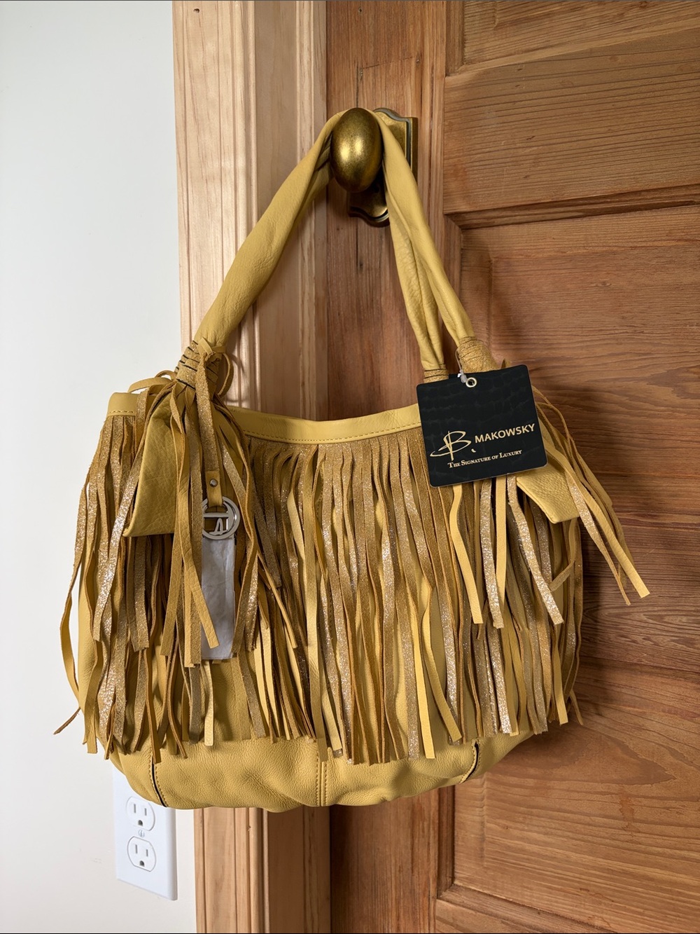 b. makowsky Yellow Leather Fringe Hobo Shoulder Bag | NWT